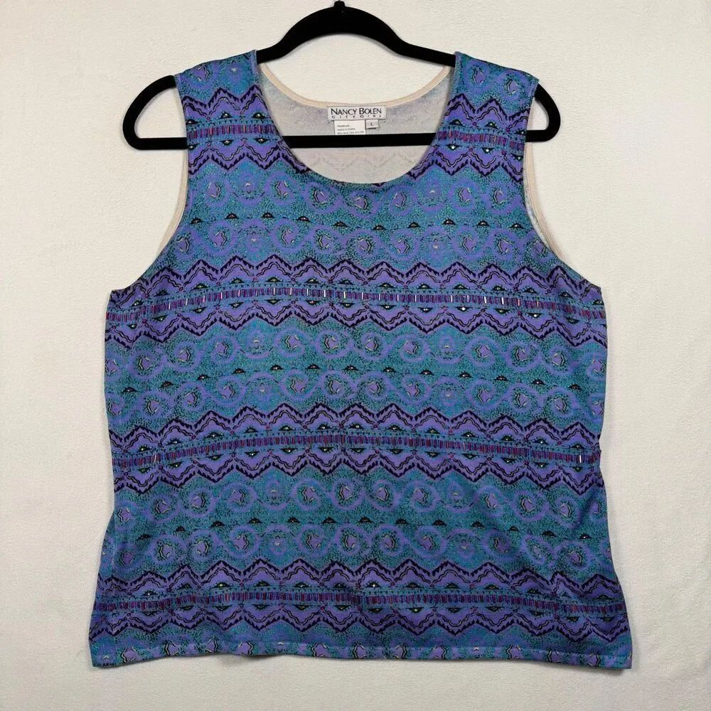 Nancy Bolen City Girl Silk Blend Top Womens Large Beaded Sleeveless Knit